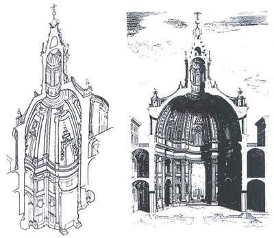 (Figs. 88-89). BORROMINI. Axonometría de Sant'Ivo alla Sapienza, Roma. (NORBERG-SCHULS, 1989). BORROMINI. Sección de la iglesia de Sant'Ivo, Roma. (BLUNT, 1982).